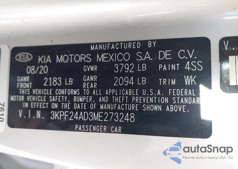 2021 Kia Forte Fe/Lxs из США, поврежденный, VIN 3KPF24AD3ME273248